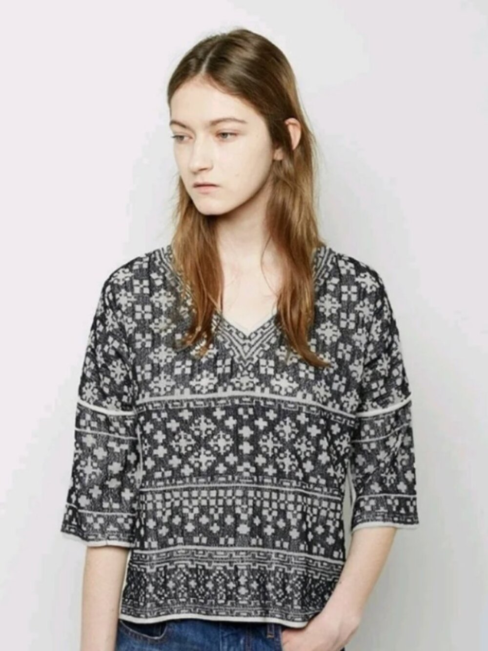 Isabel Marant Etoile Bela BlackWhite Geometric V-Neck Embroidered Knit To